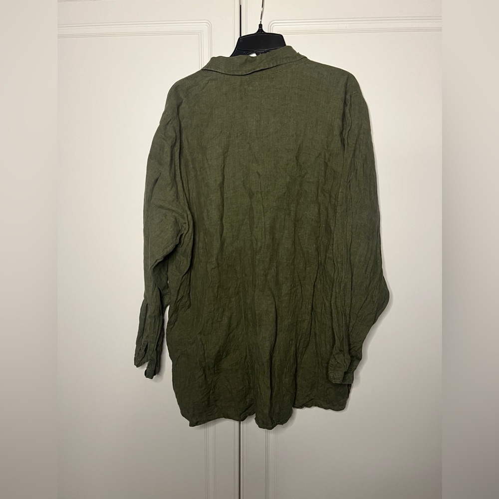 FLAX Linen Tunic Top Olive Green Large Lagenlook Button Front - Picture 10 of 10